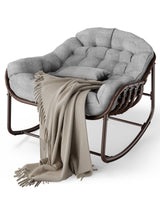 Garvee Sedia a Dondolo Papasan Oversize con Cuscino Imbottito per Interni Soggiorno Veranda Giardino Terrazza Cortile - Rivestimento in polvere marrone + Rattan marrone + Tessuto grigio scuro Europa
