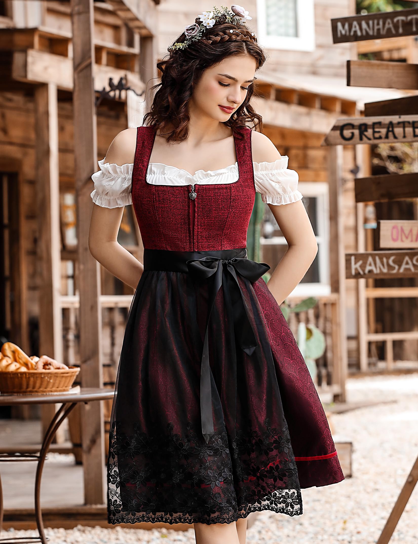 Garvee - Set da 3 pezzi in Dirndl tradizionale midi da donna per Oktoberfest, Carnevale e Martedì Grasso, rosso, taglia 42