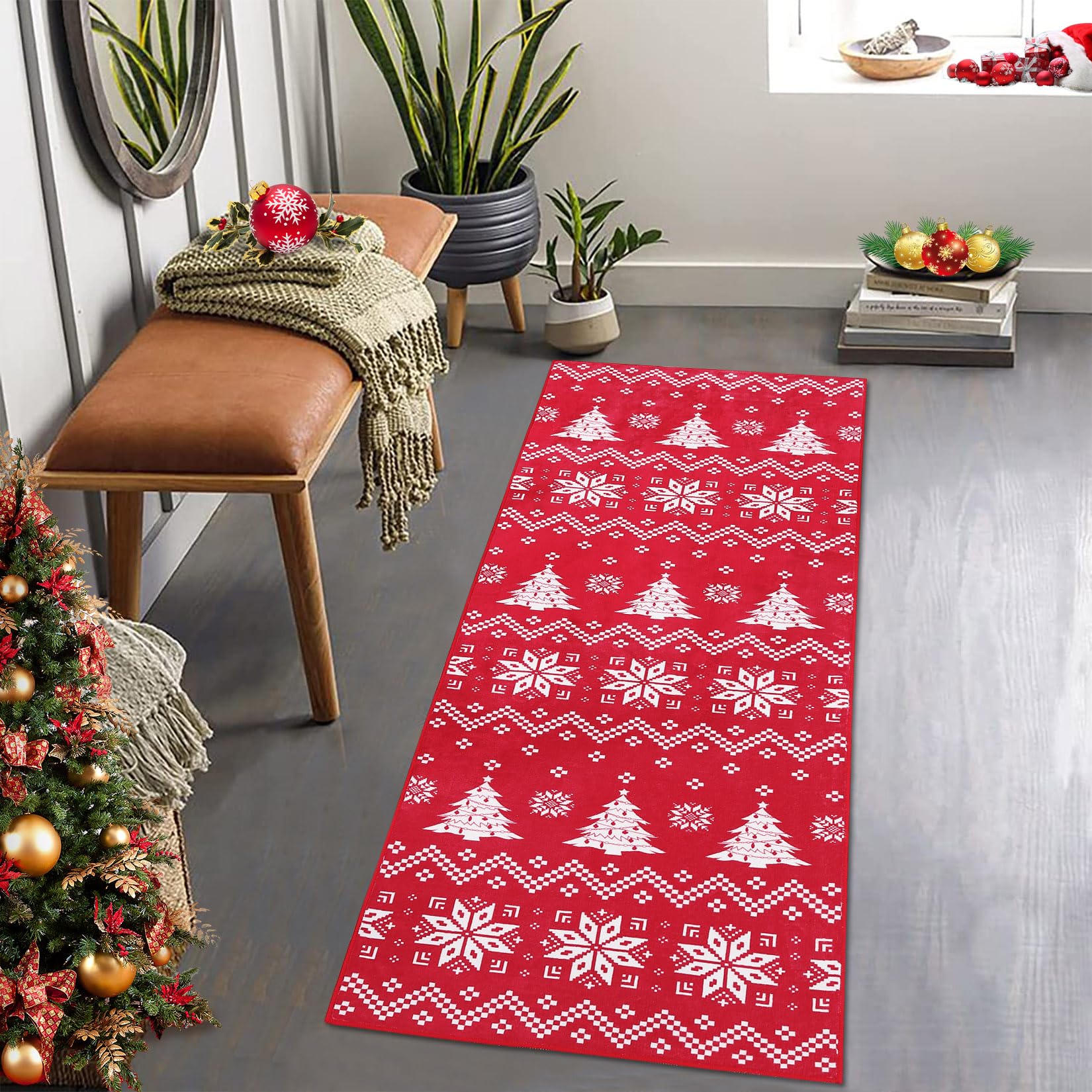 Garvee Teppichläufer Natalizio Antiscivolo Lavabile 60x180cm Rosso Motivo Fiocchi di Neve per Soggiorno e Camera da Letto