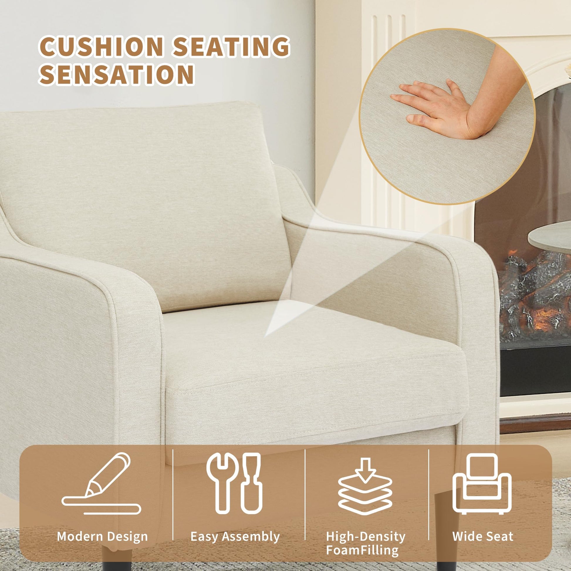 Poltrona Garvee Mid-Century, tessuto di lino, beige, per soggiorno e ufficio, 30"L x 32"A, comoda seduta in schiuma, struttura in legno