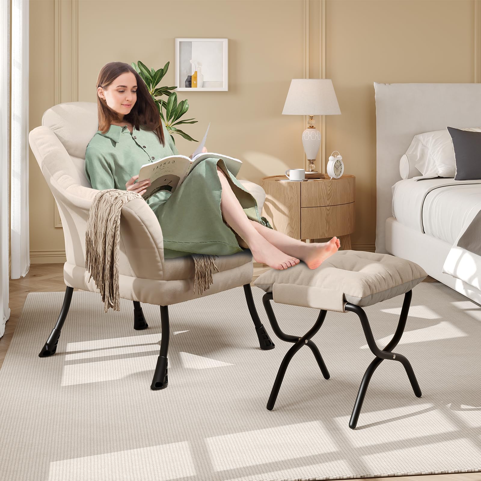 Garvee, comoda poltrona relax con poggiapiedi, ergonomica, in velluto, per soggiorno e camera da letto, pieghevole e salvaspazio