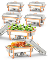 Garvee Chafing Dish Buffet Set, 8 litri in acciaio inox con telaio pieghevole, 2 bruciatori, oro rosa, confezione da 6 per catering e feste - Oro rosa