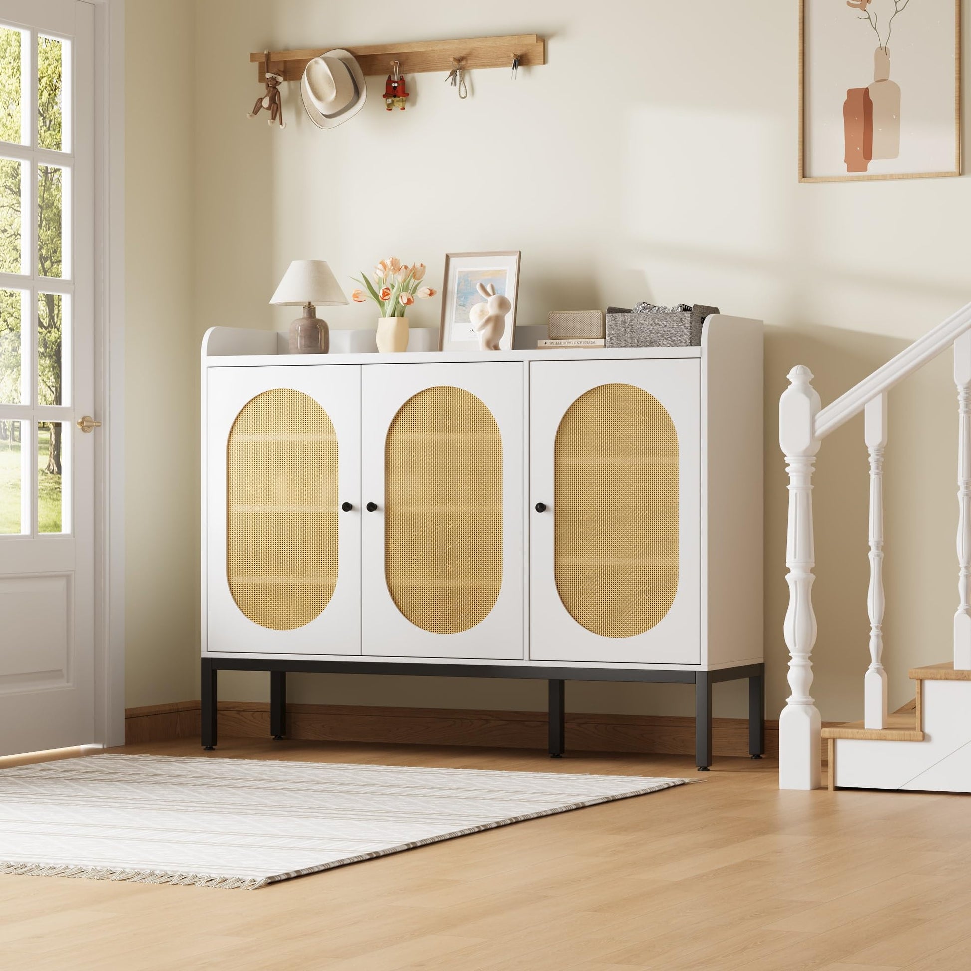 Scarpiera Garvee con 3 ante in rattan, ripiani regolabili, legno MDF, bianco per corridoio e soggiorno, ampio spazio di archiviazione, 46,10"L x 13,9"W x 28,7"H