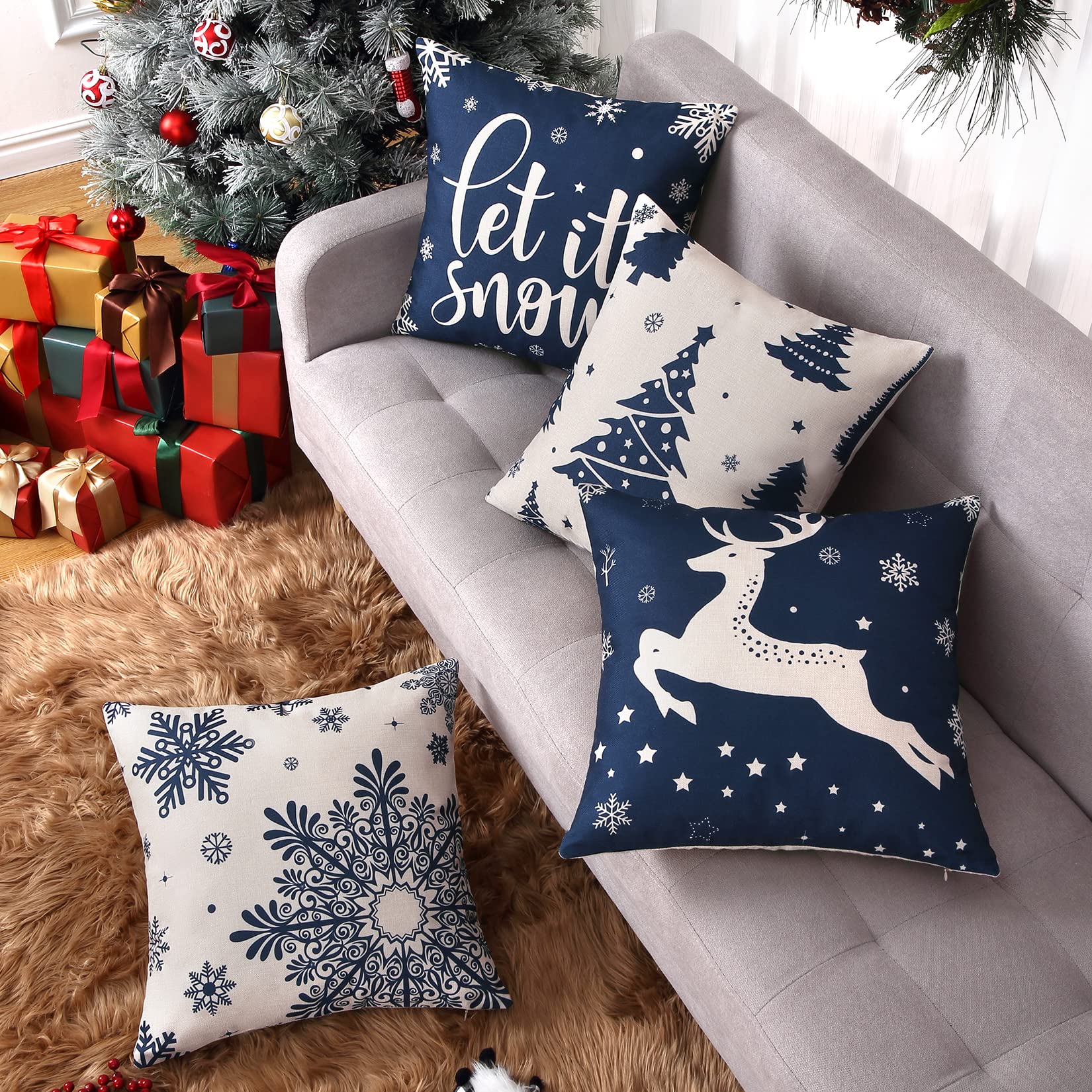 Garvee Taies d'Oreiller Federe per cuscini natalizi da 4 pezzi, 45x45 cm, in poliestere, morbide e traspiranti, per uso interno ed esterno, multicolore