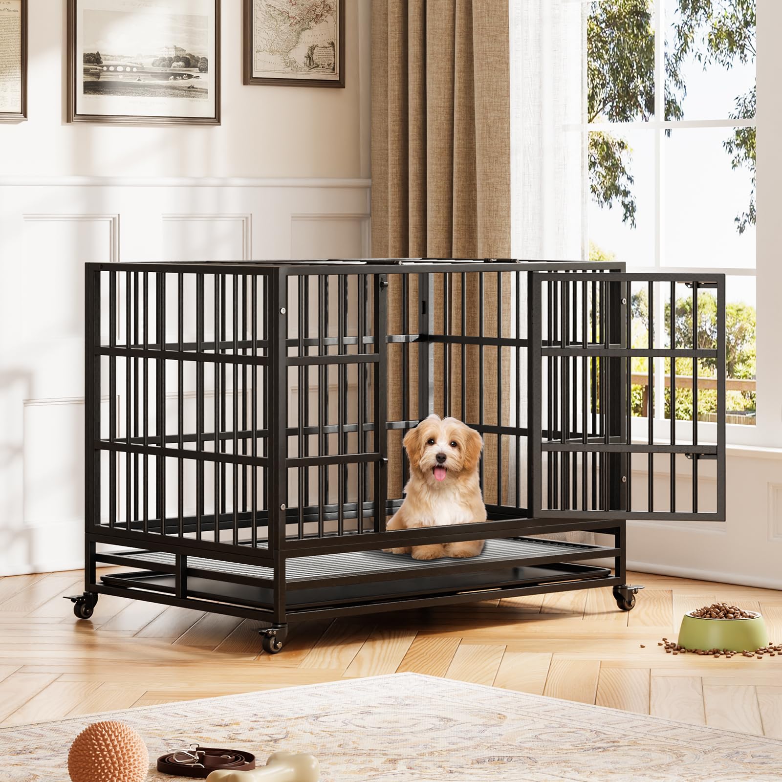 Garvee Heavy Duty Dog Crate da 42,5 pollici con doppie porte, ruote girevoli a 360°, metallo, vassoio rimovibile, pieghevole, per cani di piccola e grande taglia, per interni