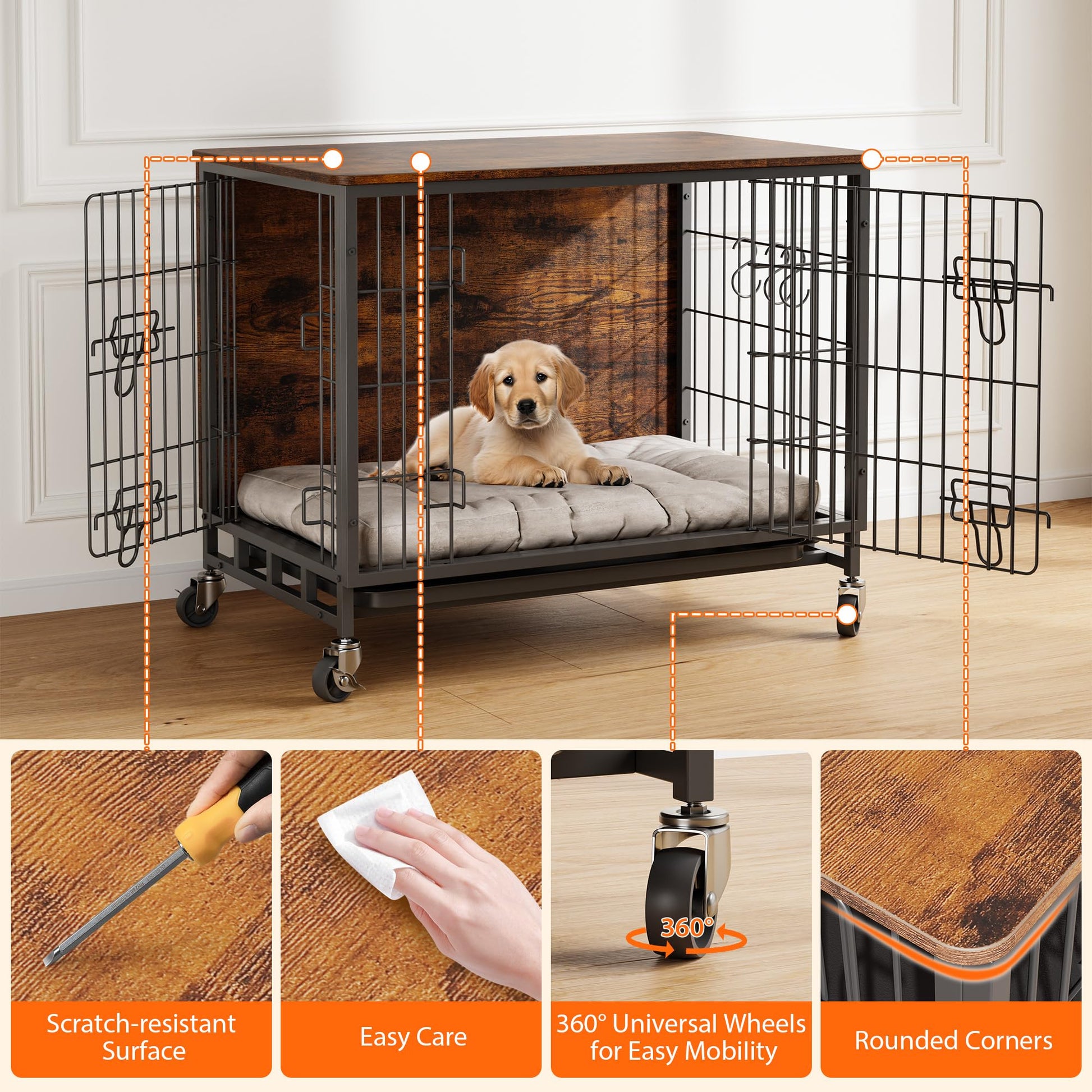 Garvee Dog Crate Furniture 38,6" in legno con ruote e doppie porte per cani di grossa taglia, da interno, stabile, mobile, antiscivolo, in truciolato di legno