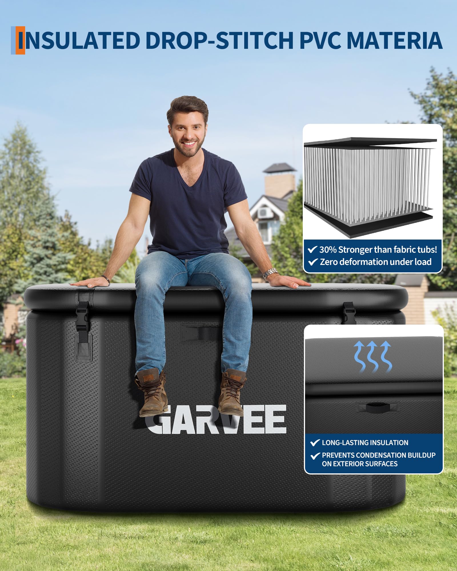 Vasca da bagno ghiacciata Garvee per atleti, 248 galloni, ovale, nera, portatile, coperchio isolato, PVC in fibra di vetro resistente agli strappi