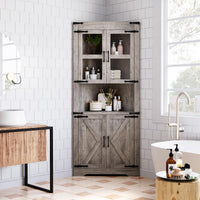 Mobiletto angolare alto Garvee in stile rustico con anta in vetro e ripiani regolabili per soggiorno e cucina, in legno impermeabile, salvaspazio, stabile, triangolare, bianco
