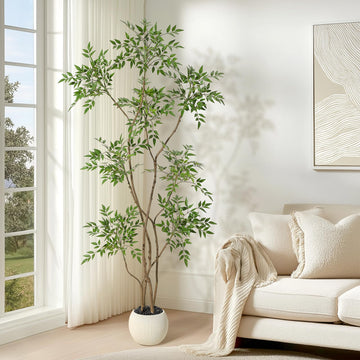 Pianta artificiale Nandina Garvee da 6 piedi con vaso in ceramica bianca per ufficio e soggiorno, realistica, facile da curare, durevole