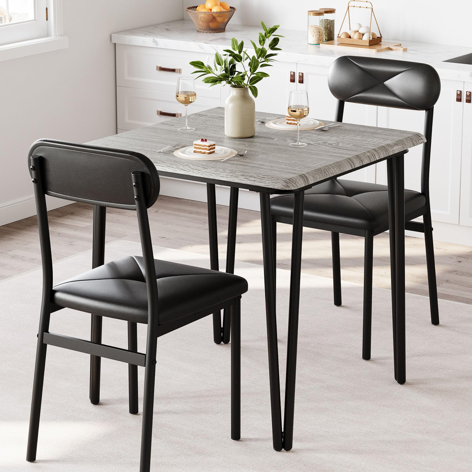 Set da pranzo Garvee per 2 persone con sedie imbottite, MDF e metallo, compatto per piccoli spazi, grigio vintage nero