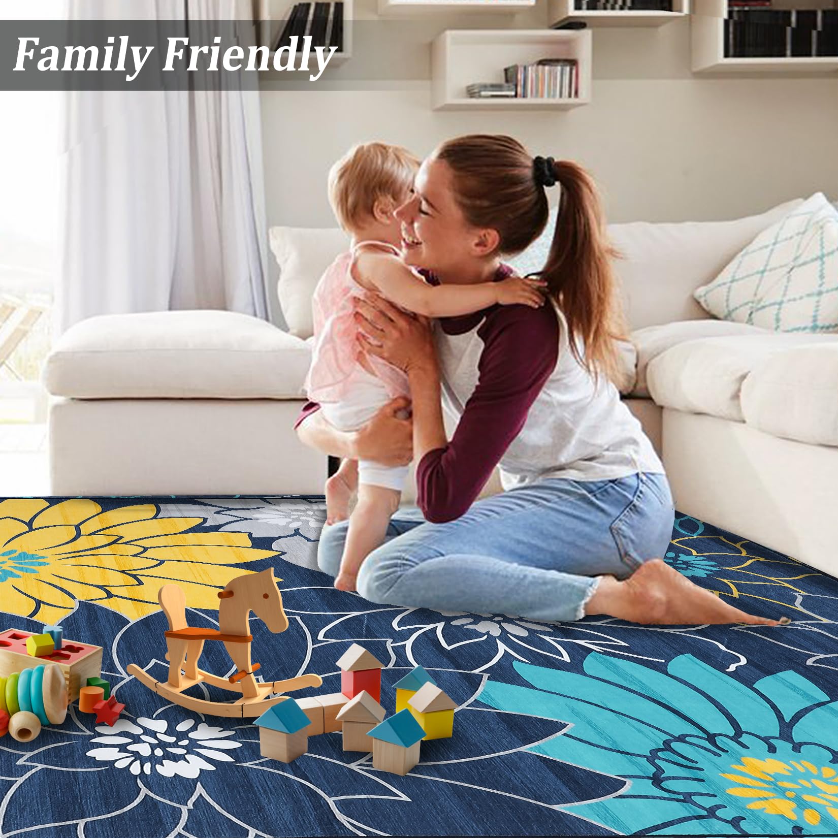 Tappeto Garvee lavabile in lavatrice con motivo floreale per soggiorno, tappeto antiscivolo per camera da letto, cucina, cameretta dei bambini, blu, 160x230 cm