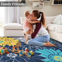 Tappeto Garvee lavabile in lavatrice con motivo floreale per soggiorno, tappeto antiscivolo per camera da letto, cucina, cameretta dei bambini, blu, 160x230 cm