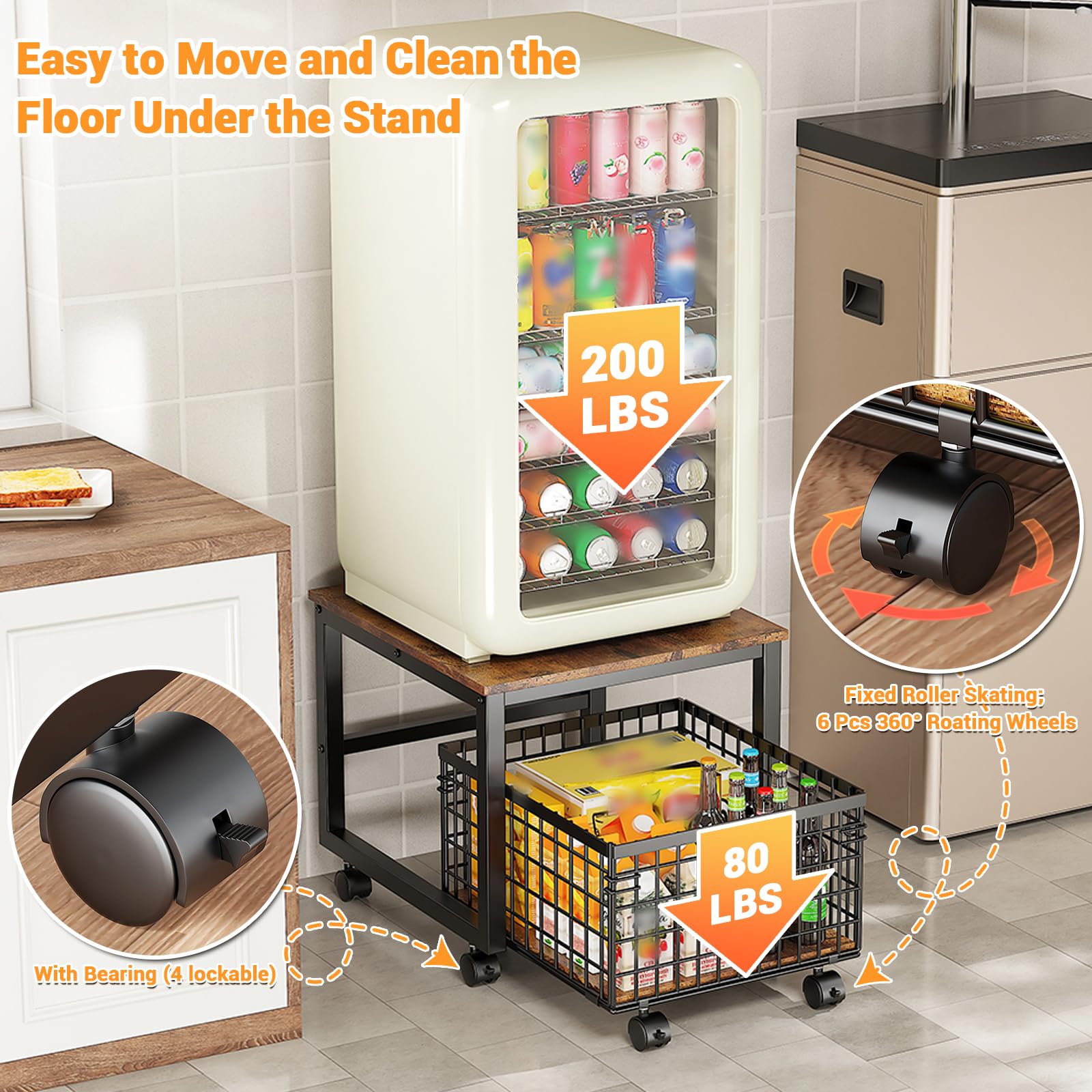 Supporto per mini frigorifero Garvee su ruote con cestello in metallo per cucina, soggiorno, ufficio, 50x54x45,7 cm, nero