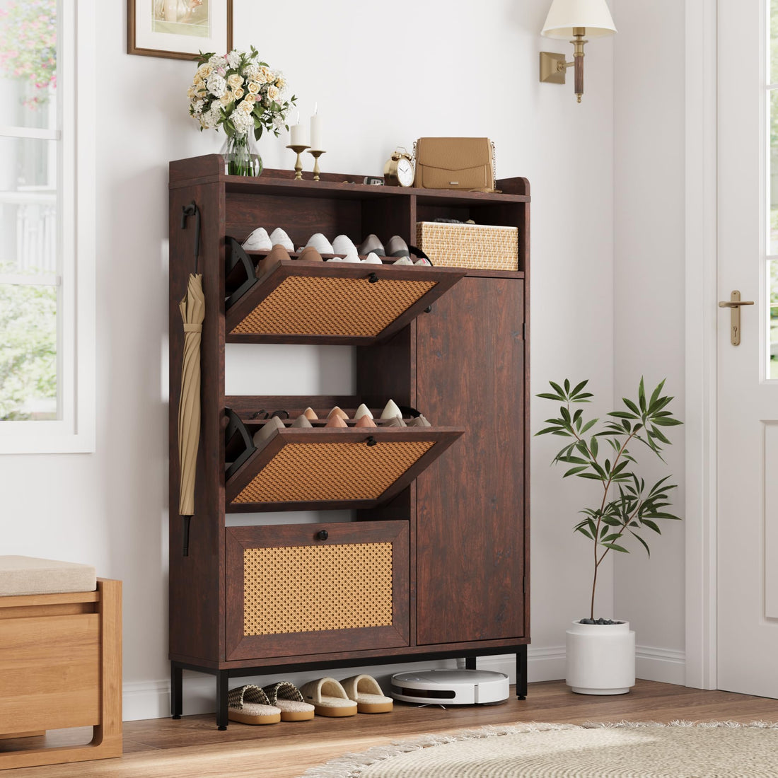 Scarpiera Garvee in rattan con 3 cassetti a scomparsa, ripiani regolabili, MDF, gambe in metallo, per corridoio e ingresso, grande, colore naturale