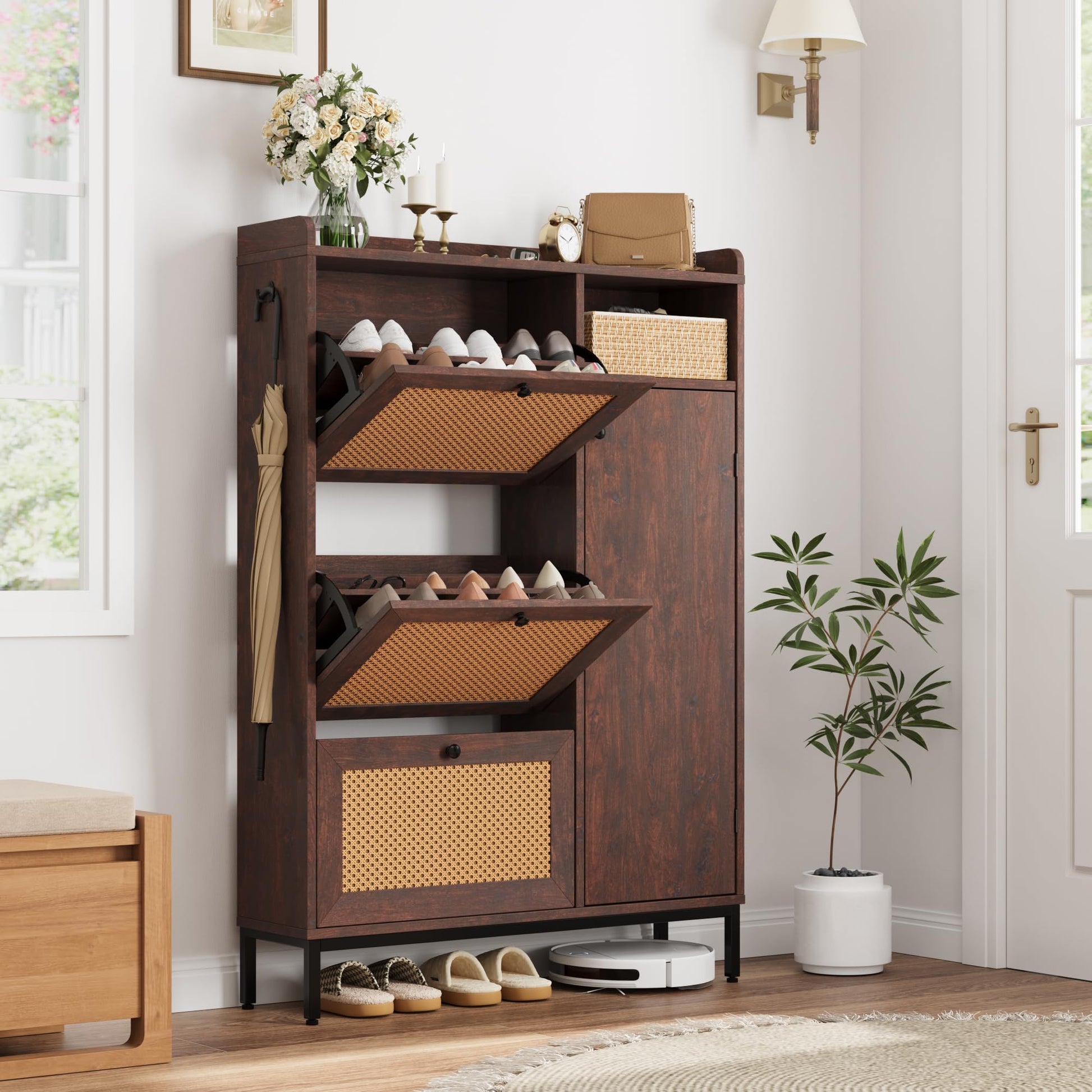 Scarpiera Garvee in rattan con 3 cassetti a scomparsa, ripiani regolabili, MDF, gambe in metallo, per corridoio e ingresso, grande, colore naturale