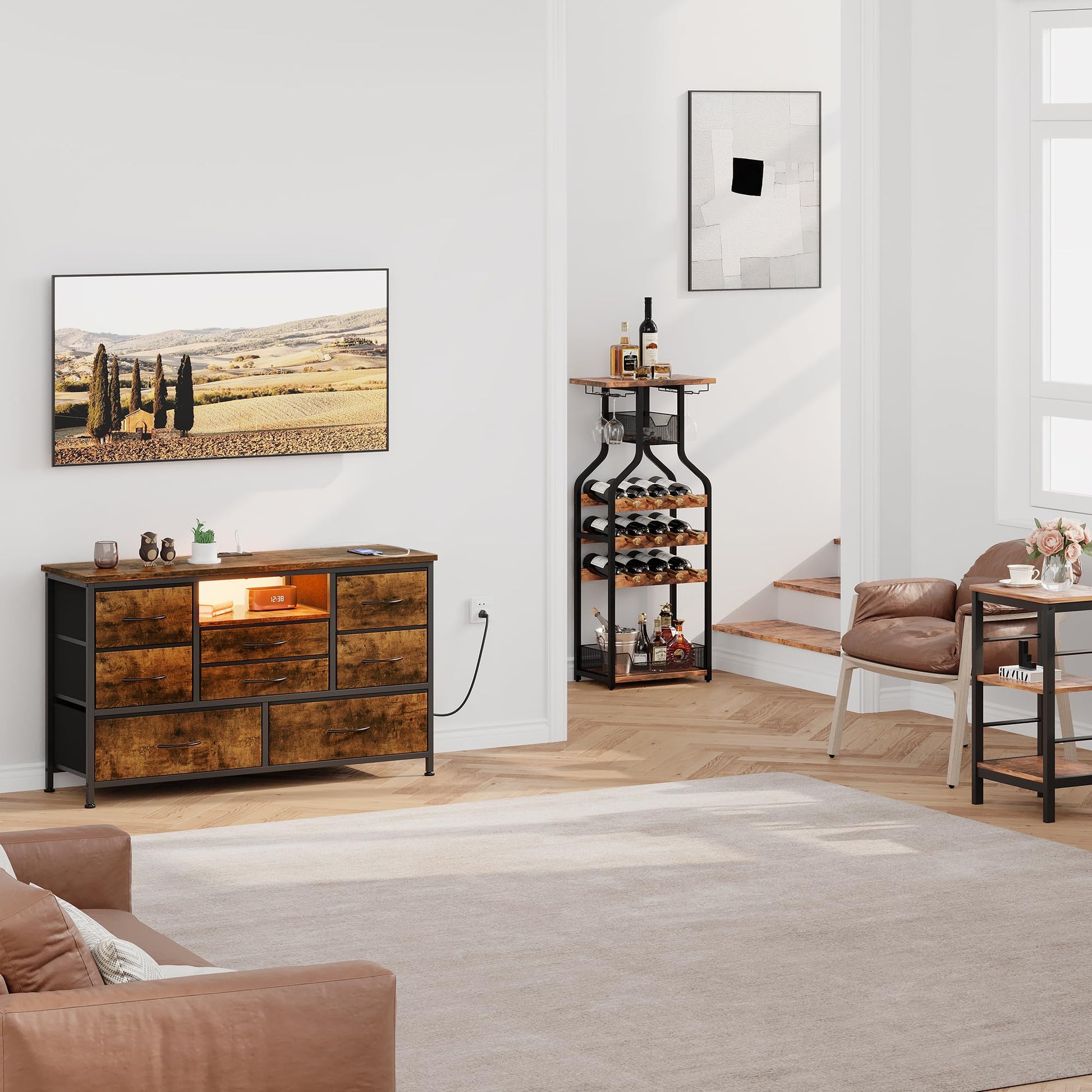 Mobile TV Garvee con 8 cassetti, illuminazione a LED, prese di corrente integrate per soggiorno e camera da letto, legno MDF, antigraffio, gestione dei cavi