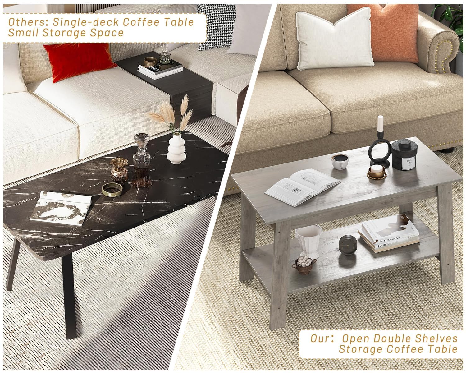 Tavolino da caffè industriale Garvee da 31,49" con 2 ripiani in legno rustico grigio per soggiorno e camera da letto salvaspazio stabile