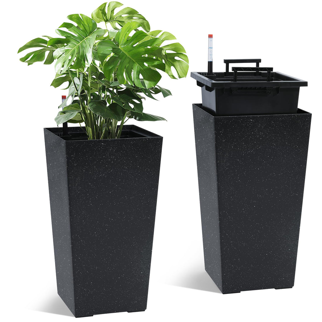 Garvee Set di 2 fioriere alte 22,5" con irrigazione automatica e monitor del livello dell'acqua per balcone e terrazza, pois bianchi e neri, plastica resistente alle intemperie