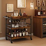 Carrello bar Garvee con 3 ripiani, portabottiglie, ruote, struttura in metallo, vassoio rimovibile, marrone retrò per cucina e soggiorno - nero