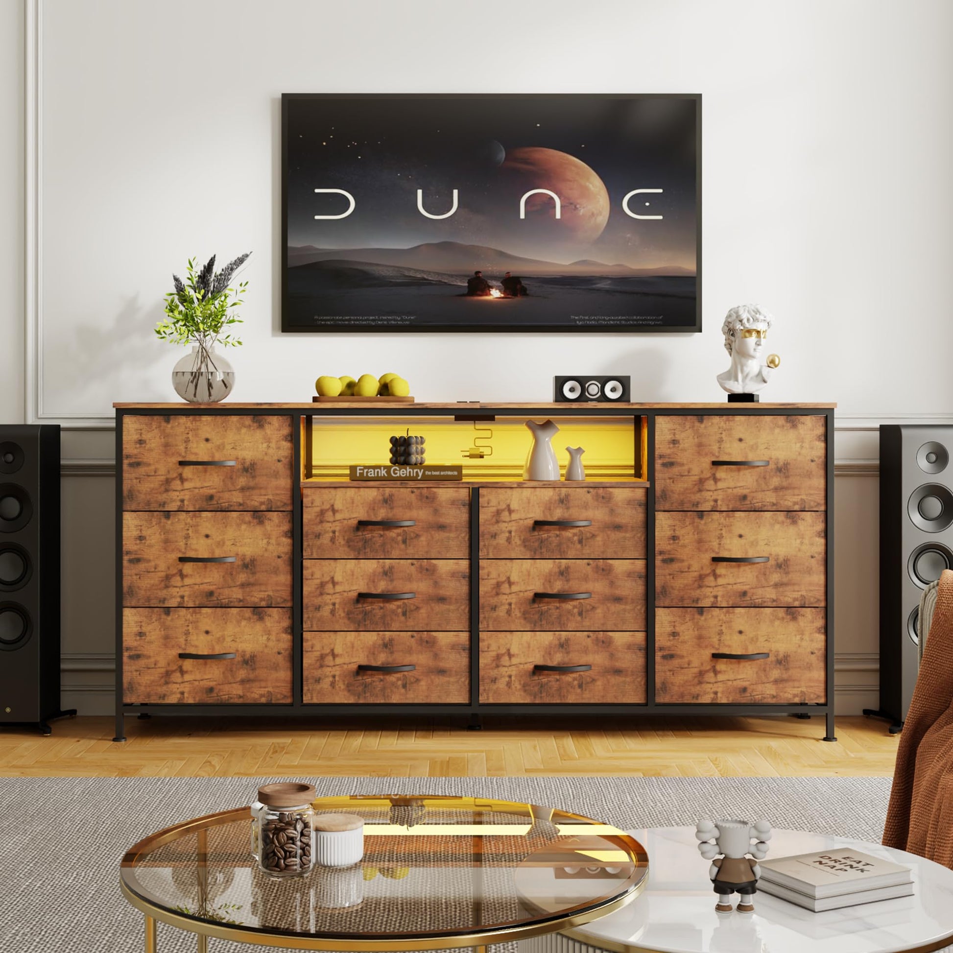 Supporto TV Garvee da 63" per TV da 65-75" con 12 cassetti, illuminazione a LED, tessuto, caricabatterie, struttura in metallo per soggiorno e camera da letto
