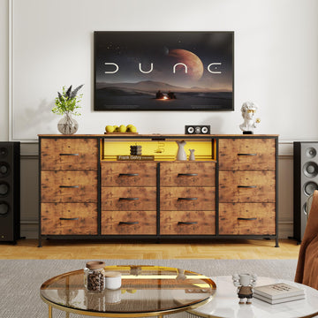 Supporto TV Garvee da 63" per TV da 65-75" con 12 cassetti, illuminazione a LED, tessuto, caricabatterie, struttura in metallo per soggiorno e camera da letto