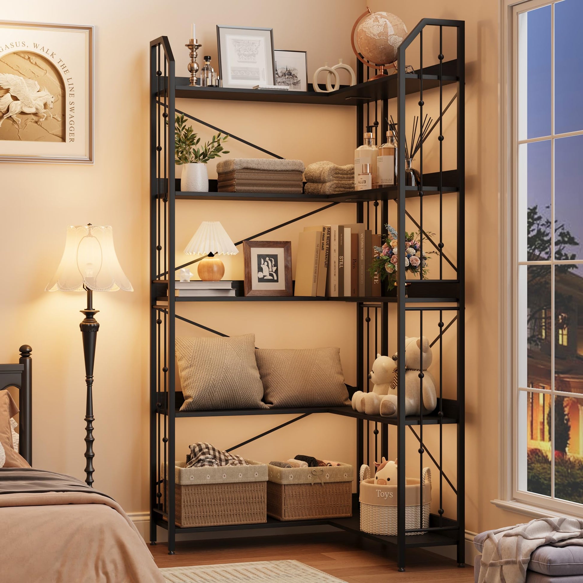 Mensola angolare Garvee da 72" a forma di L, in metallo e MDF, per soggiorno e camera da letto, robusta, antiribaltamento, a 5 ripiani, nera