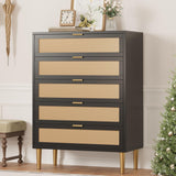 Garvee Cassettiera in Rattan 5 Cassetti con Gambe e Maniglie Oro per Camera e Soggiorno 80cm x 39.5cm x 112cm Legno Ingegnerizzato - Nero