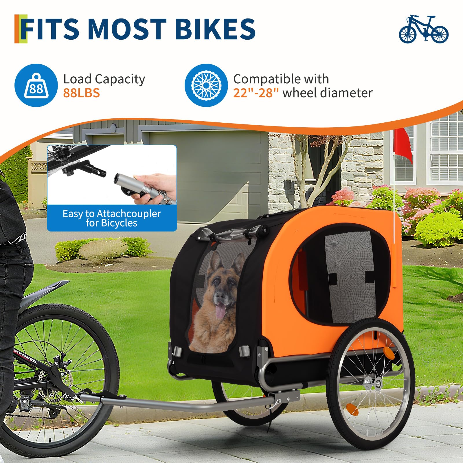 Garvee Rimorchio per cani Rimorchio per bicicletta Fino a 40 kg con bandiera Tela Oxford 600D resistente alle intemperie Per cani di grossa taglia 22-28 pollici Arancione