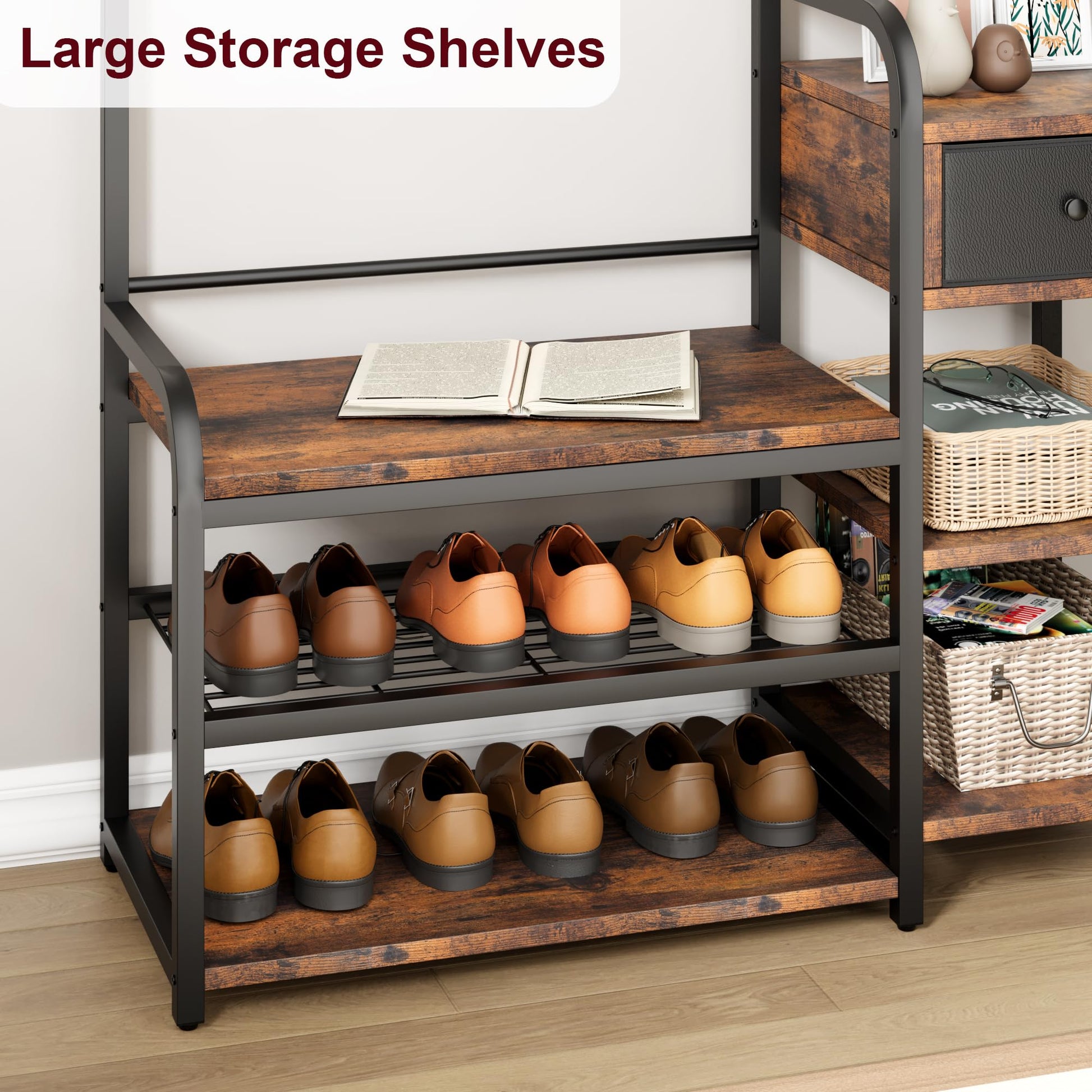 Armadio a muro Garvee 3 in 1 con scarpiera e cassetto per corridoio e ingresso, in legno e metallo, stile rustico moderno, nero/bianco, salvaspazio