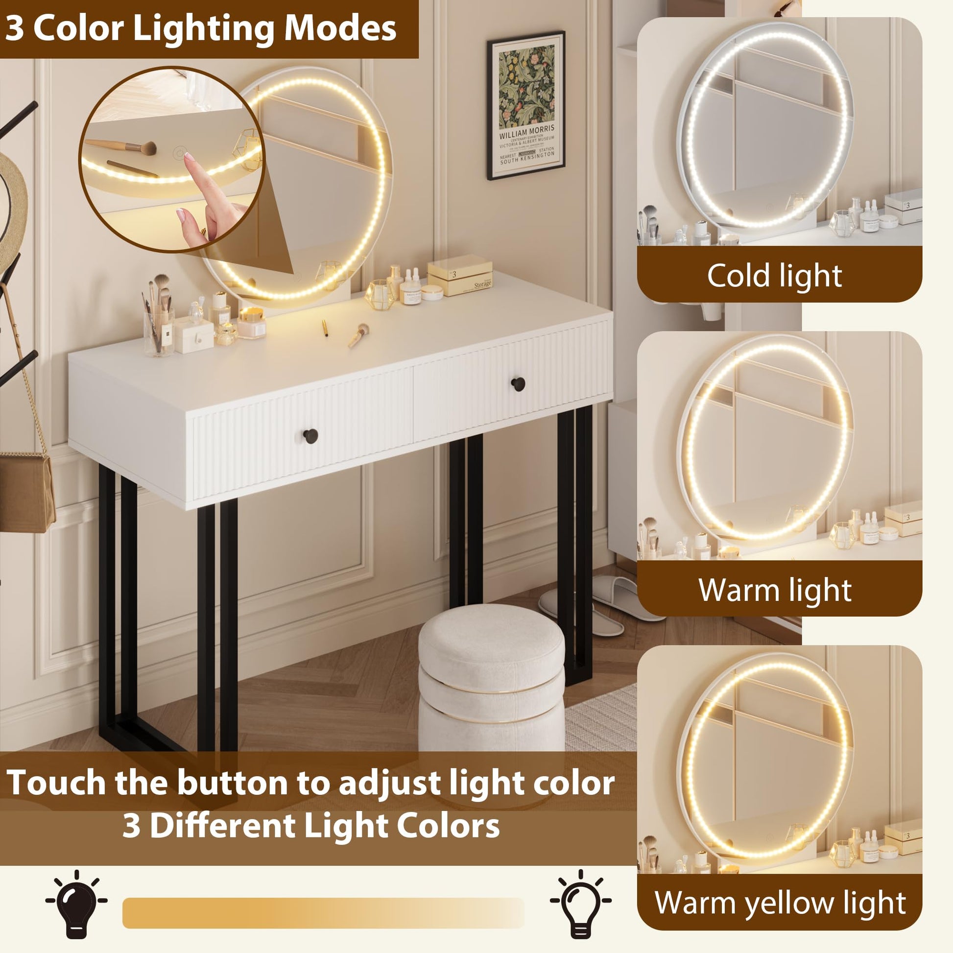 Toletta Garvee con specchio e luce LED a 3 colori, luminosità regolabile, 2 cassetti, superficie in MDF bianco, design moderno, camera da letto