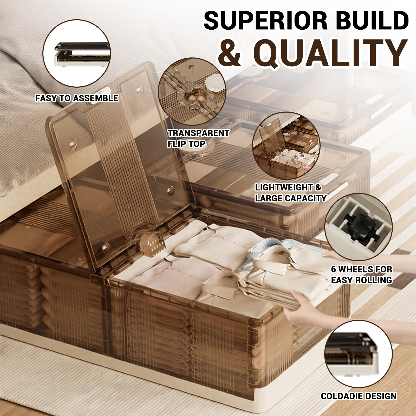 Contenitori portaoggetti sottoletto in plastica trasparente Garvee con coperchi e ruote per camere da letto e piccoli spazi, pieghevoli, impilabili, antipolvere