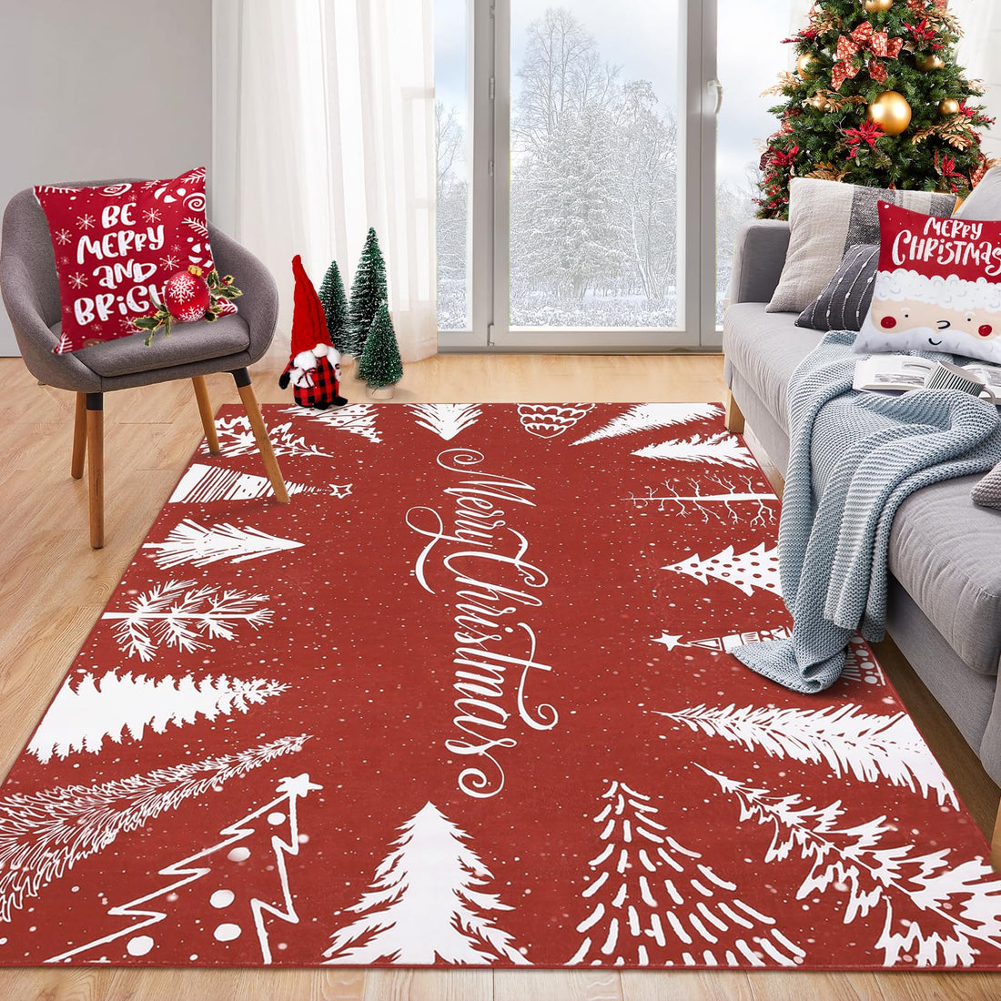 Tappeto natalizio lavabile Garvee con fiocco di neve e albero rosso 120x170 cm per soggiorno e camera da letto