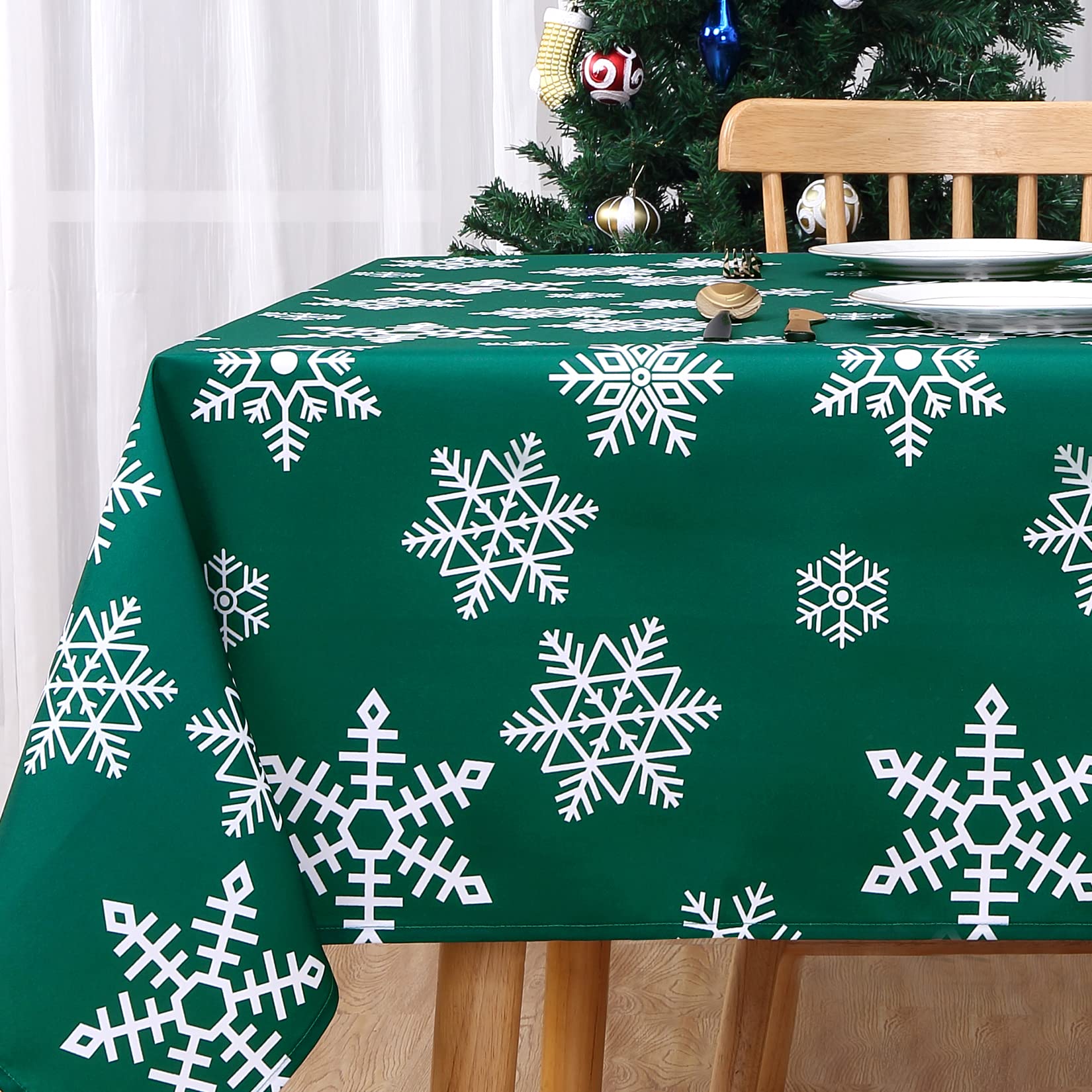 Tovaglia natalizia Garvee verde rettangolare 137x200 cm in tessuto Oxford impermeabile e antipiega con motivo a fiocchi di neve per sala da pranzo, decorazione festiva