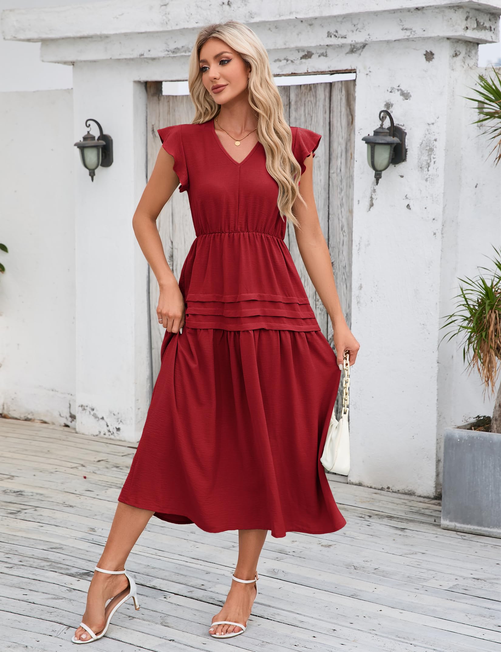 Abito estivo retrò alla moda da donna Garvee con maniche fluenti, elegante, rosso vino, taglia M