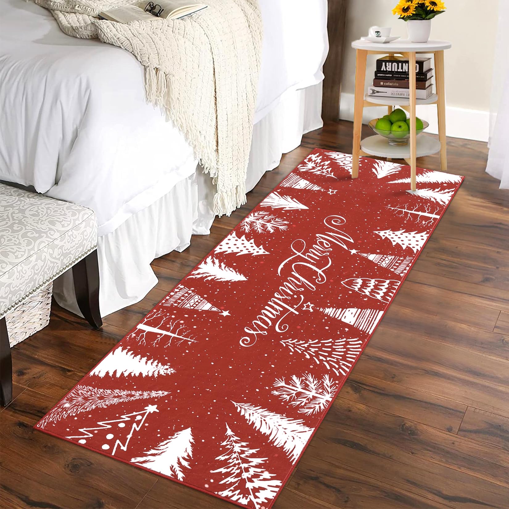 Garvee Tappeto antiscivolo romantico con albero di Natale e fiocchi di neve per soggiorno, camera da letto, cucina, corridoio, ufficio, rosso 60x180 cm