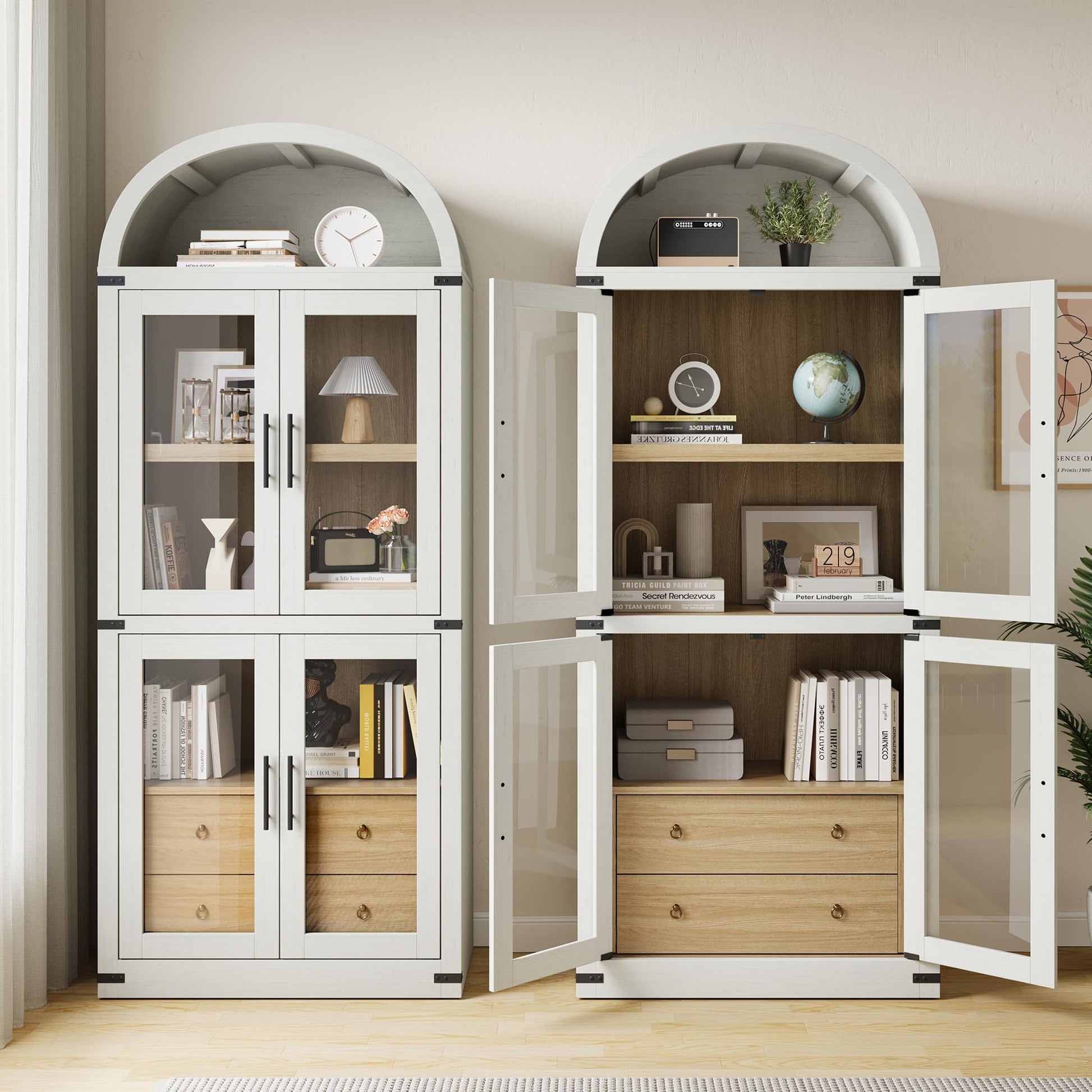 Libreria ad arco Garvee, stile fattoria, con ante e cassetti, per soggiorno e ufficio, alta 180 cm, in legno MDF, angoli in metallo, colore legno naturale.