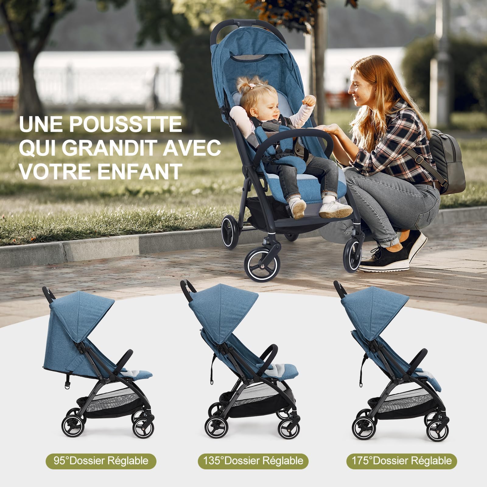 Passeggino GARVEE, passeggino da viaggio pieghevole, compatto e ultraleggero, per neonati fino a 22 kg, schienale regolabile, ampia capottina con finestra, pneumatici EVA