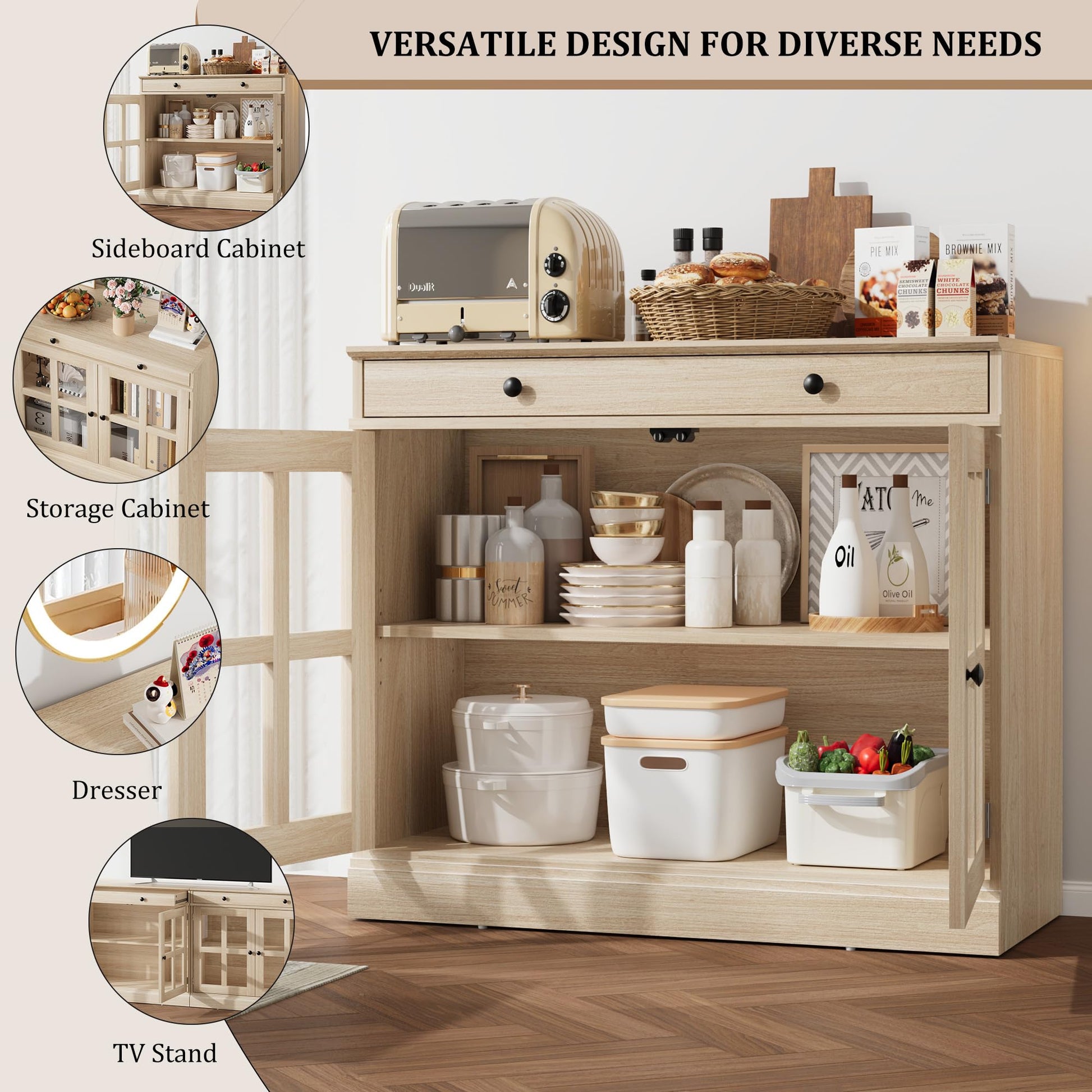 Credenza Garvee da 35,4" con anta in vetro, ripiani regolabili, chiusura ammortizzata, rovere, per sala da pranzo e cucina, struttura robusta, facile da montare
