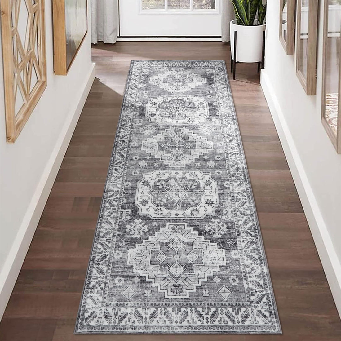 Tappeto vintage per soggiorno Garvee, morbido tappeto orientale lavabile per camera da letto, grigio, 60x230 cm