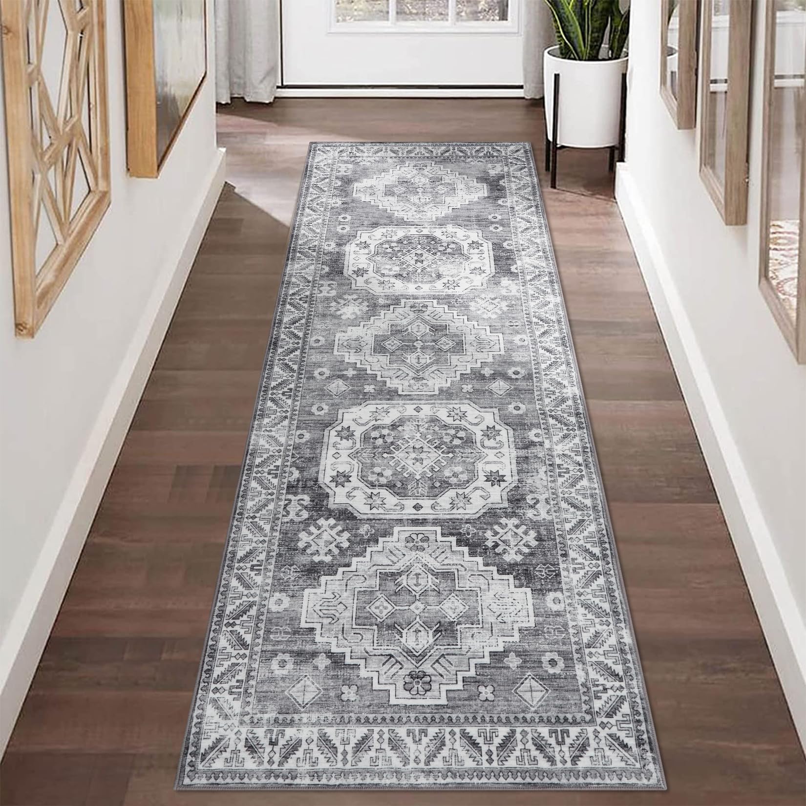 Tappeto vintage per soggiorno Garvee, morbido tappeto orientale lavabile per camera da letto, grigio, 60x230 cm