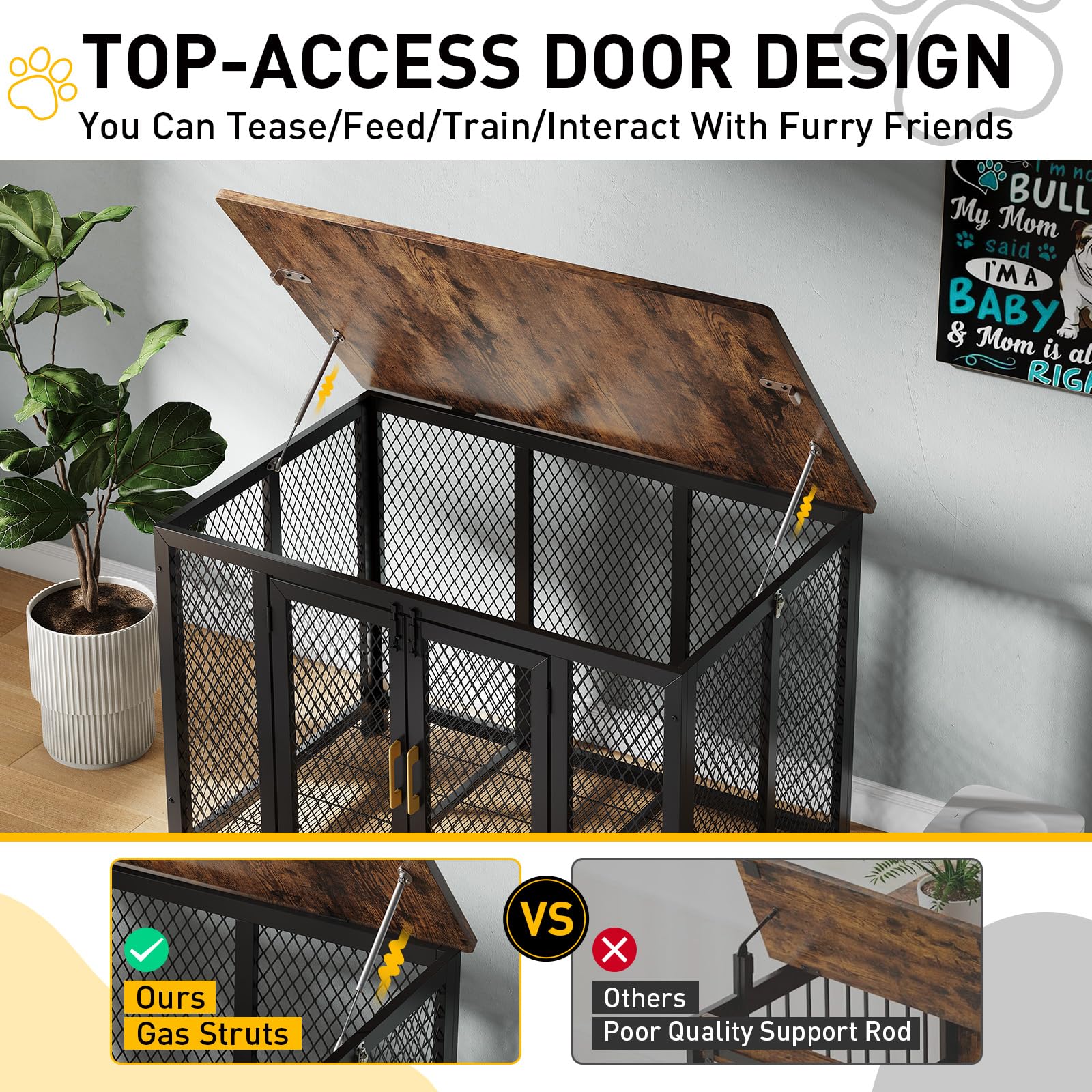 Gabbia per cani Garvee per uso domestico, 118,5 x 78 x 82,5 cm, legno e acciaio al carbonio, gabbia per animali domestici con 2 porte, coperchio incernierato, marrone, per cani di piccola/media/grande taglia