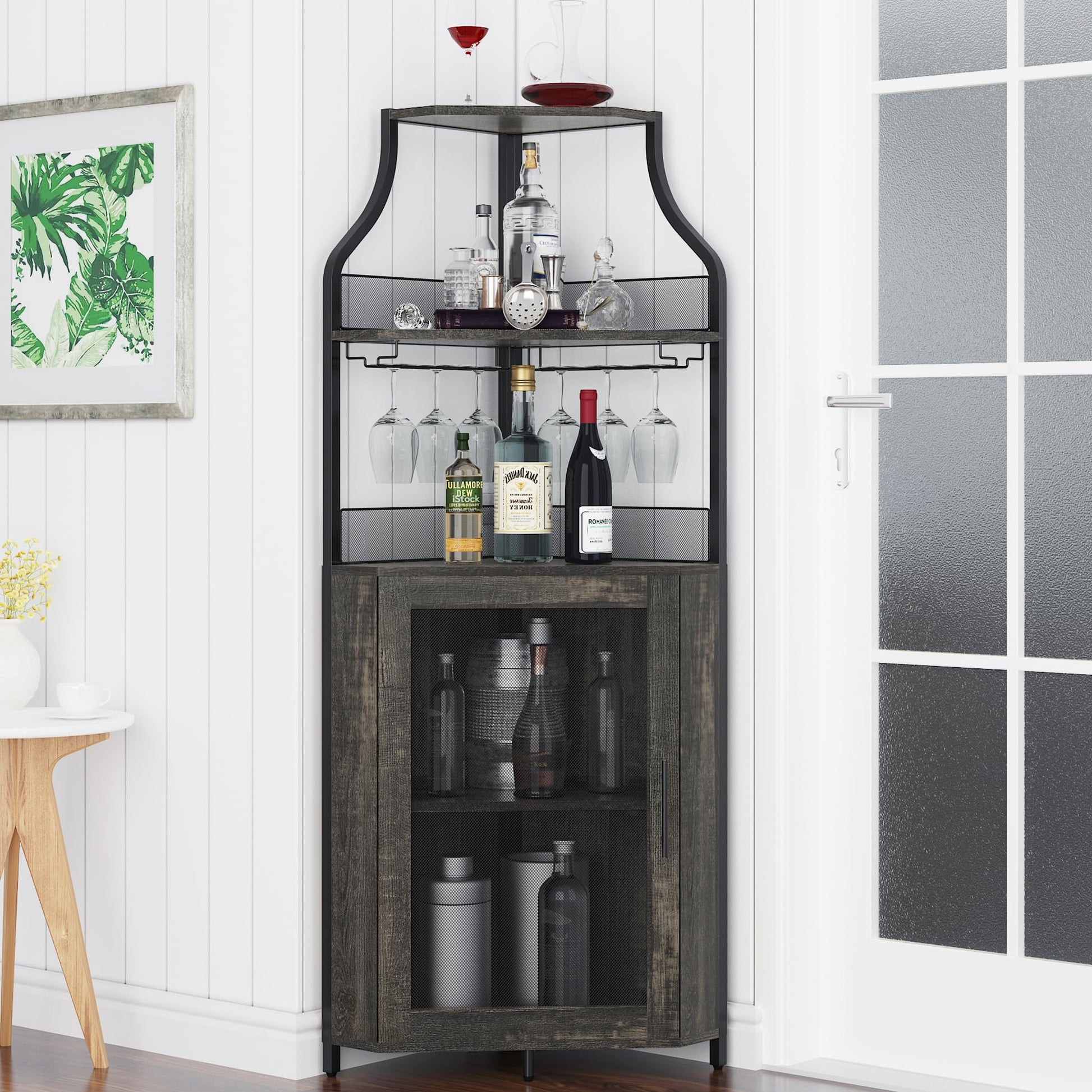 Mobiletto angolare Garvee, 5 ripiani con portabottiglie, portabicchieri, portaoggetti per soggiorno e cucina, 47 x 45 x 152 cm, grigio, salvaspazio, robusto