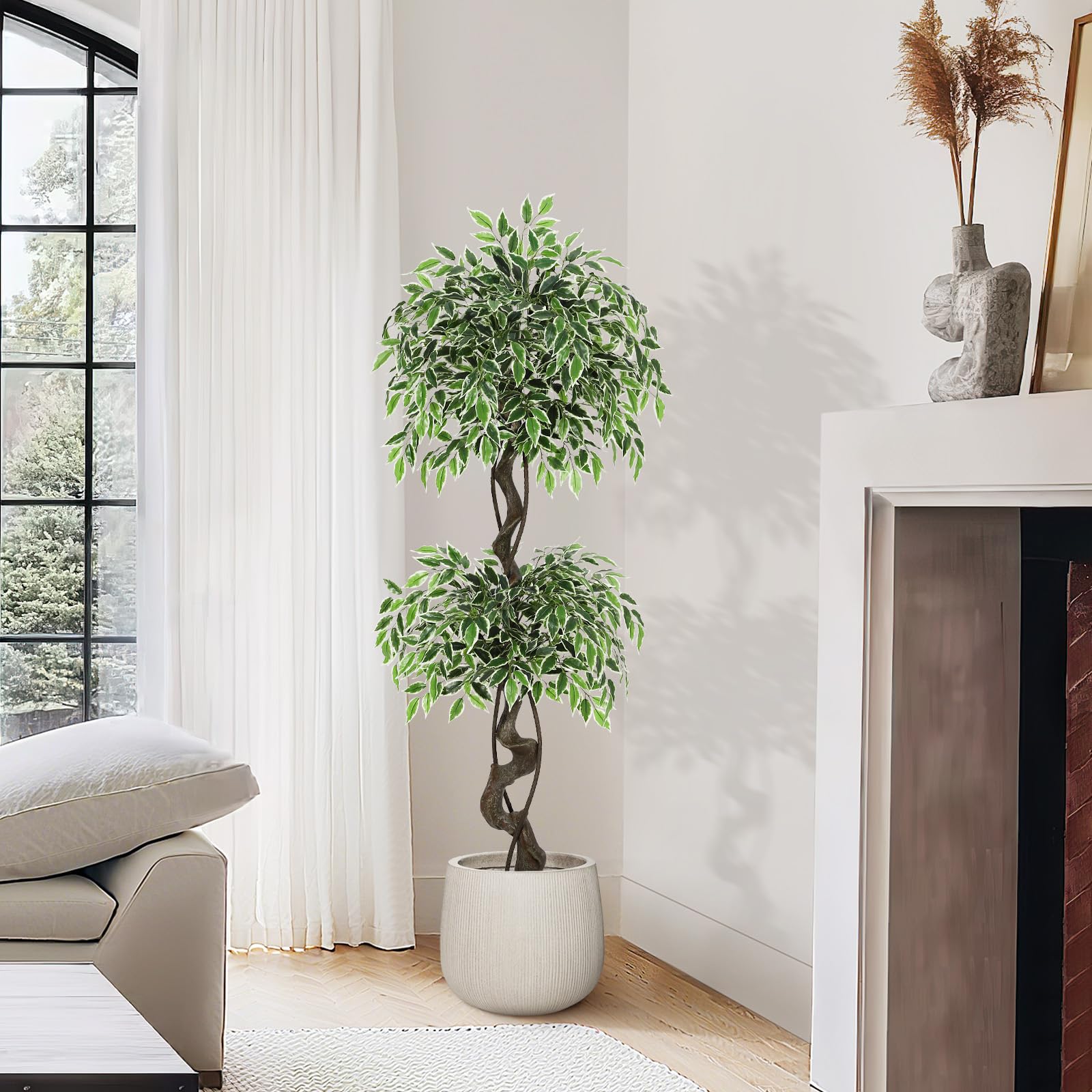 Albero di ficus artificiale Garvee da 5 piedi con oltre 1100 foglie di seta, vaso in ceramica RESISTANT, muschio e ciottoli per ufficio e soggiorno, verde realistico