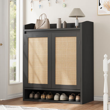 Scarpiera in rattan Garvee con 2 ante, ripiani regolabili, 5 ripiani, legno MDF, nero, per corridoio e soggiorno