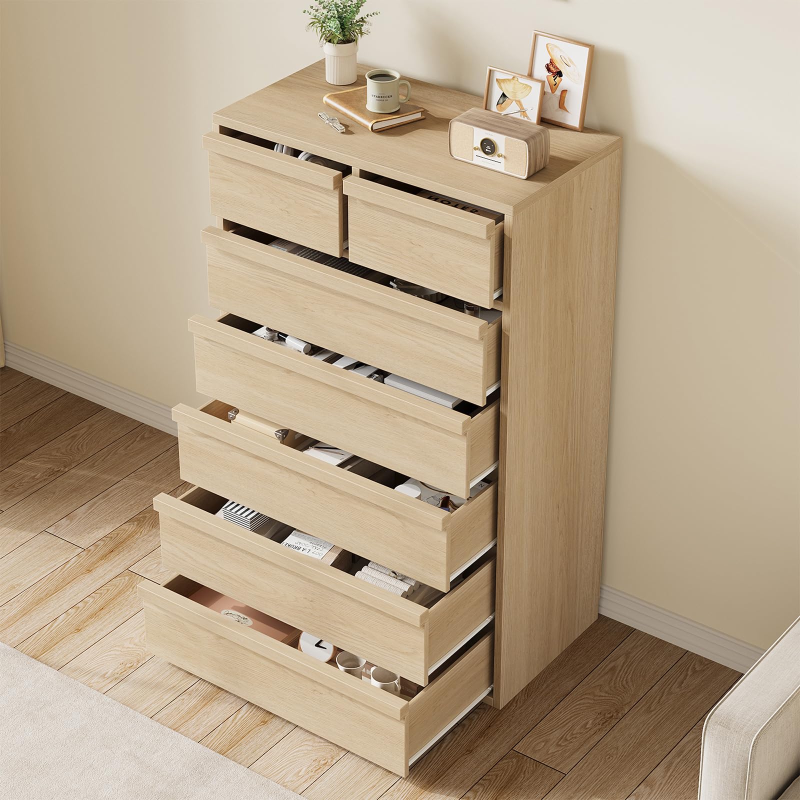 Cassettiera Garvee a 7 cassetti, rovere naturale, per camera da letto, altezza 46 pollici, robusta, design moderno