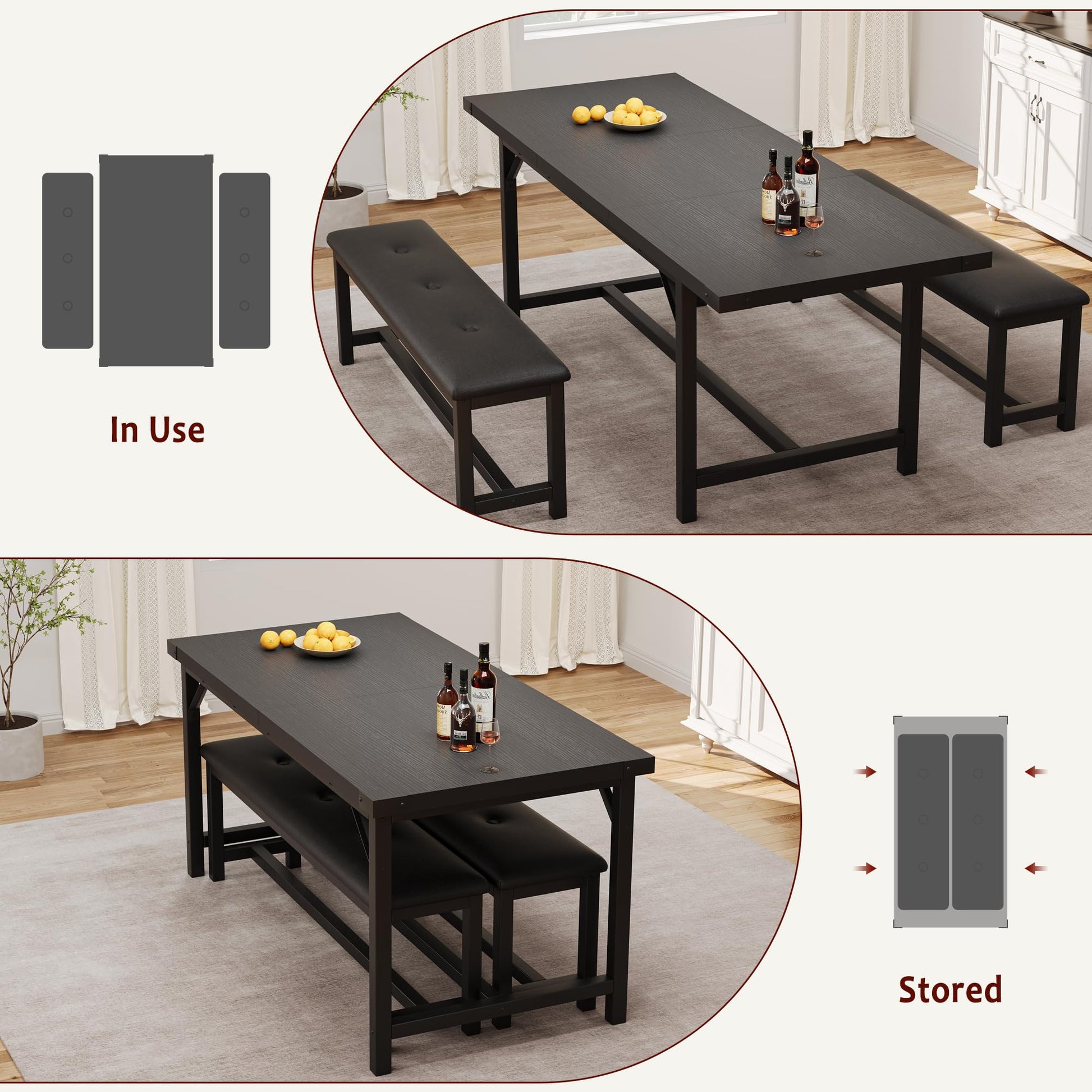Tavolo da pranzo estensibile Garvee per 4-6 persone, 160 cm in legno, nero retrò, salvaspazio, stabile, facile da montare