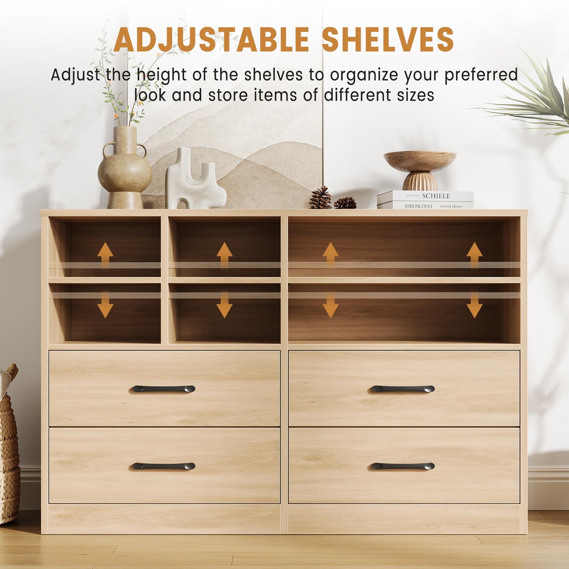Cassettiera Garvee a 4 cassetti con 6 scomparti aperti, ripiani regolabili, legno MDF, mobile TV moderno per camera da letto e soggiorno, rovere, 47,24"L x 31,69"A