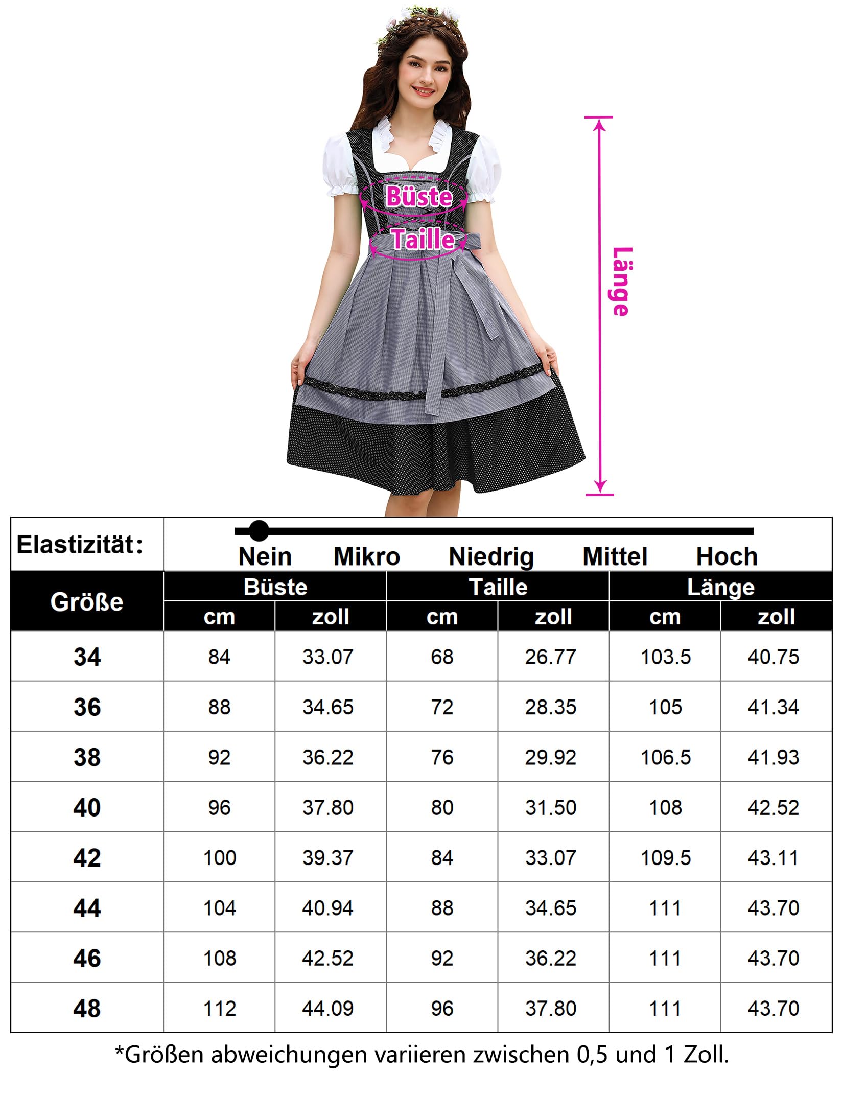 Abito tradizionale midi da donna Garvee Dirndl, nero, taglia 38, per l'Oktoberfest, in cotone floreale, scollo a V, bottoni esclusivi