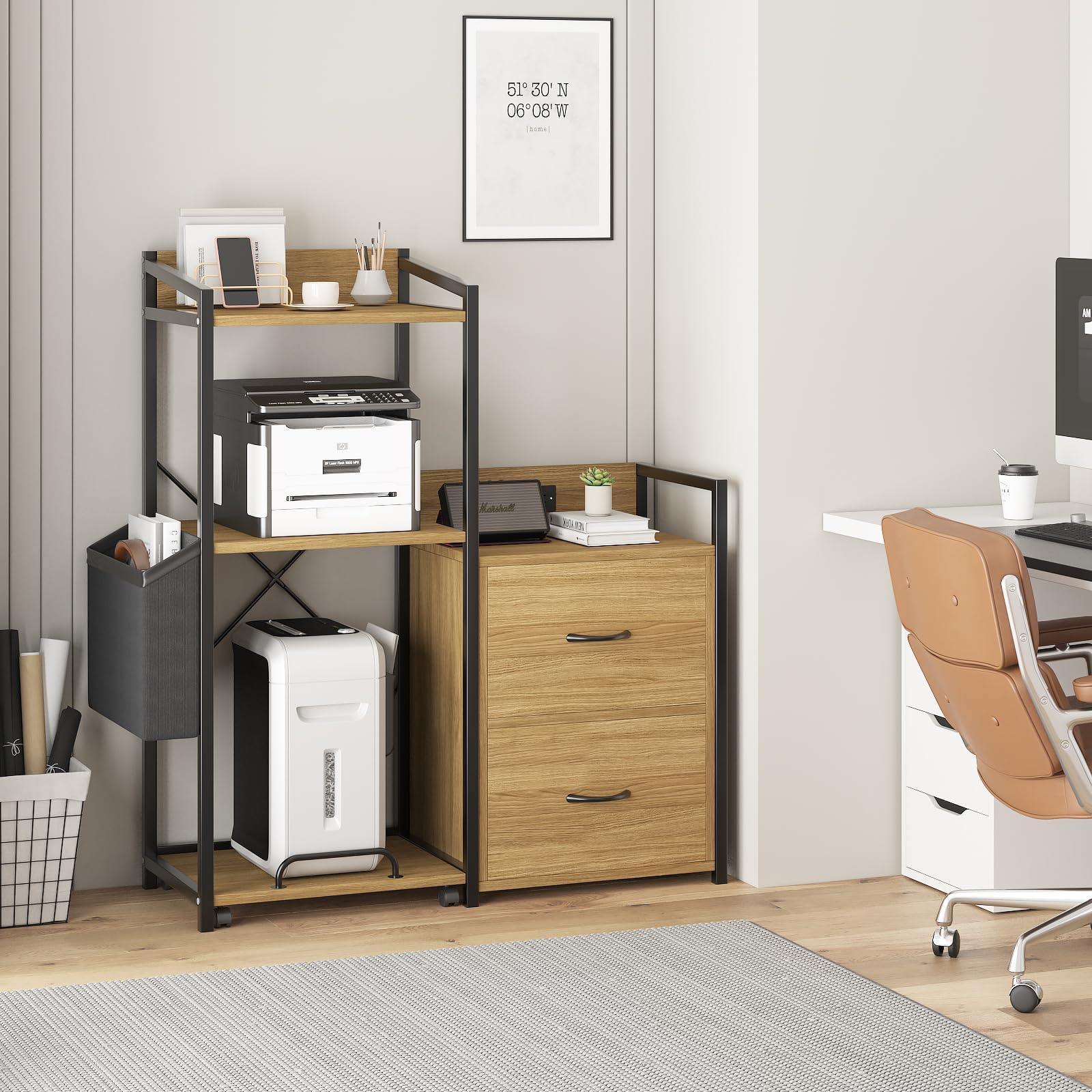 Supporto per stampante Garvee Industrial a 3 livelli con cassetti, luce LED, funzione di ricarica per l'organizzazione dell'ufficio, legno massiccio, robusto e con ampio spazio di archiviazione