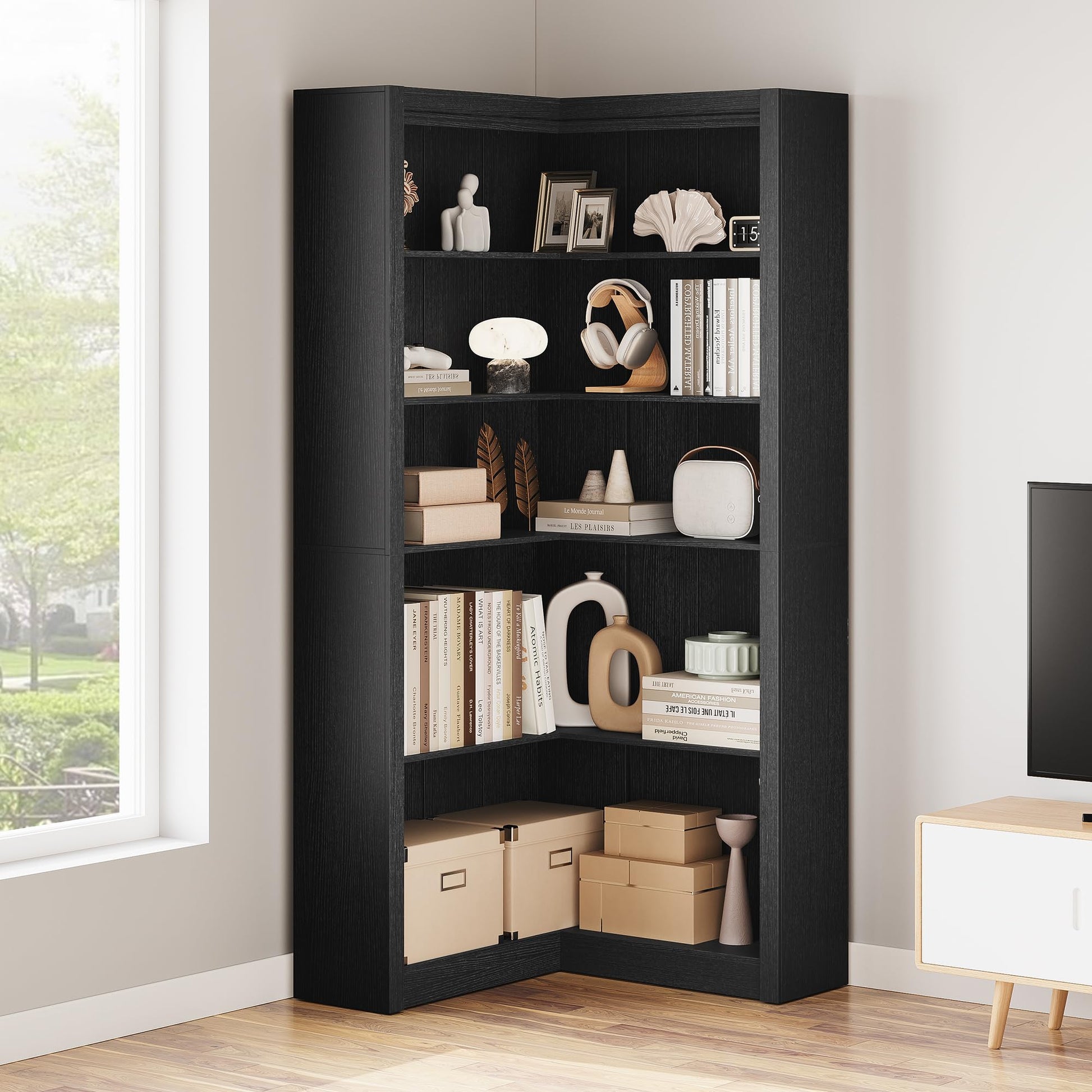 Mensola angolare Garvee, nera, in formato L, 5 ripiani, MDF antigraffio, robusta con antiribaltamento meccanico, per soggiorno, 31,5x31,5x182 cm